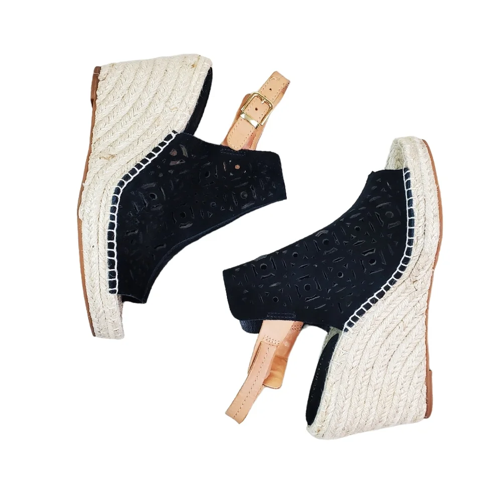 Seychelles Black Laser Cut Suede Leather Espadrille Wedge Shoes Size 7.5